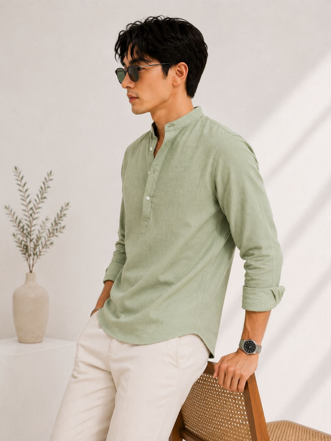 The Meadow Linen-Look Kurta Shirt Sage Green Back View