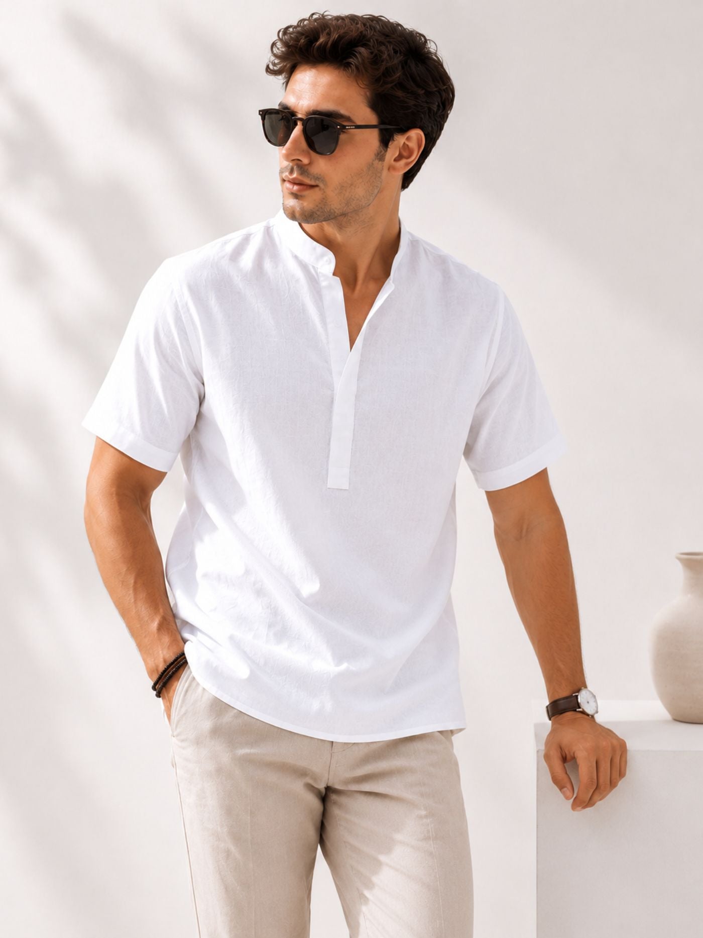 The Monarch Kurta Shirt for Men in Ivory White with Buttonless Mandarin Collar