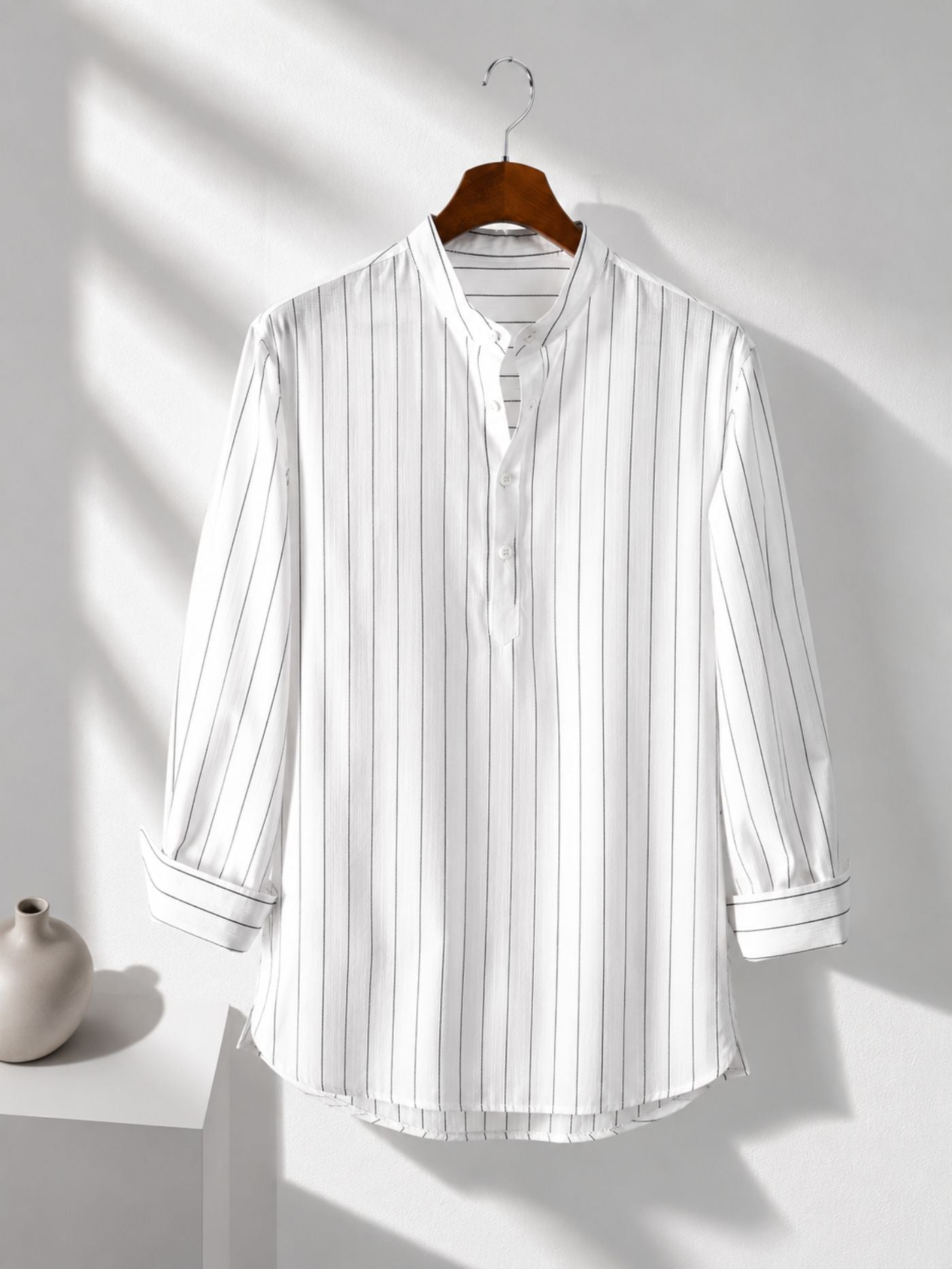The Rajwada Pinstripe Kurta Shirt White Hanging Product Display