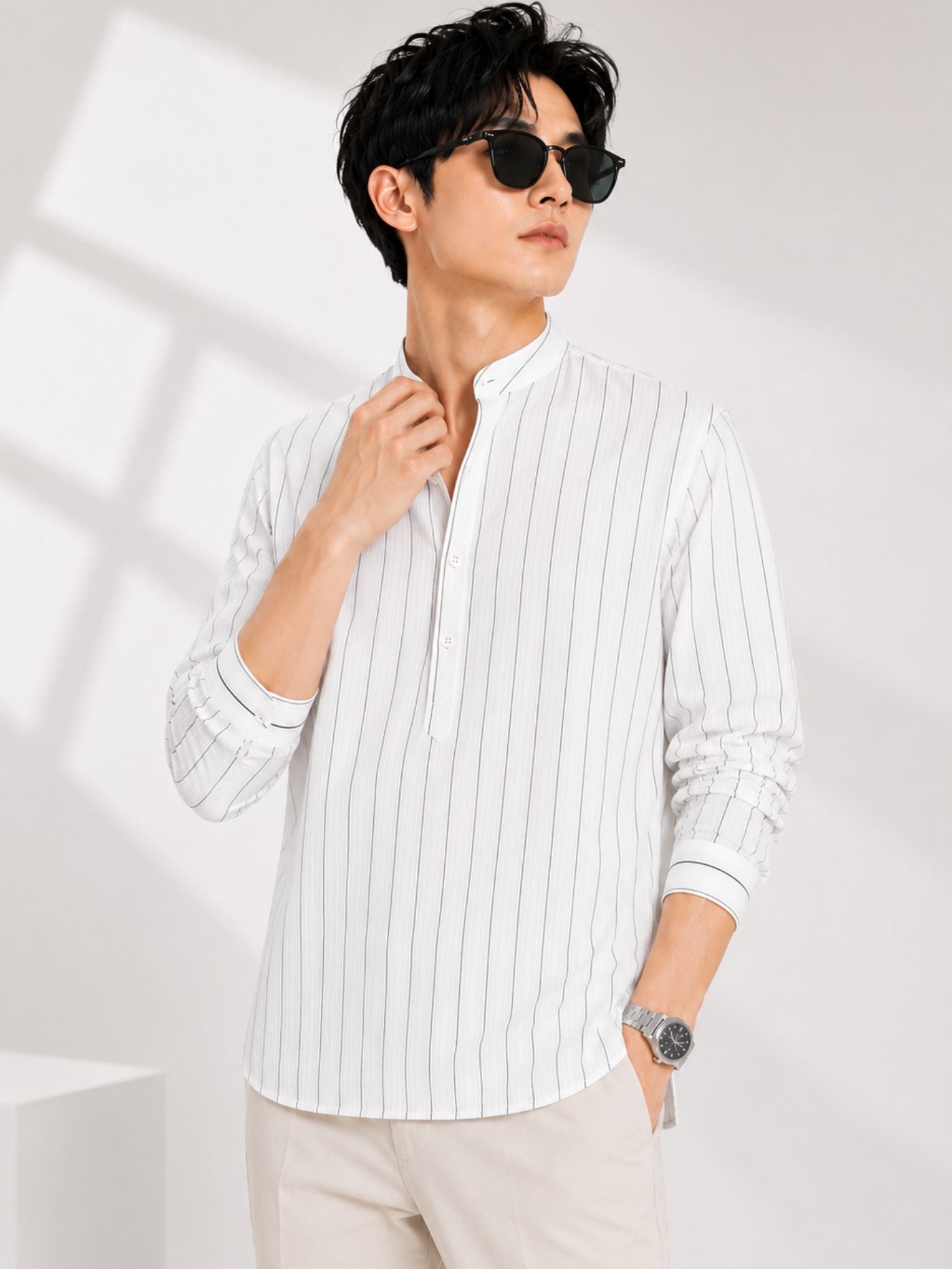 The Rajwada Pinstripe Kurta Shirt White Premium Mandarin Collar Shirt for Men