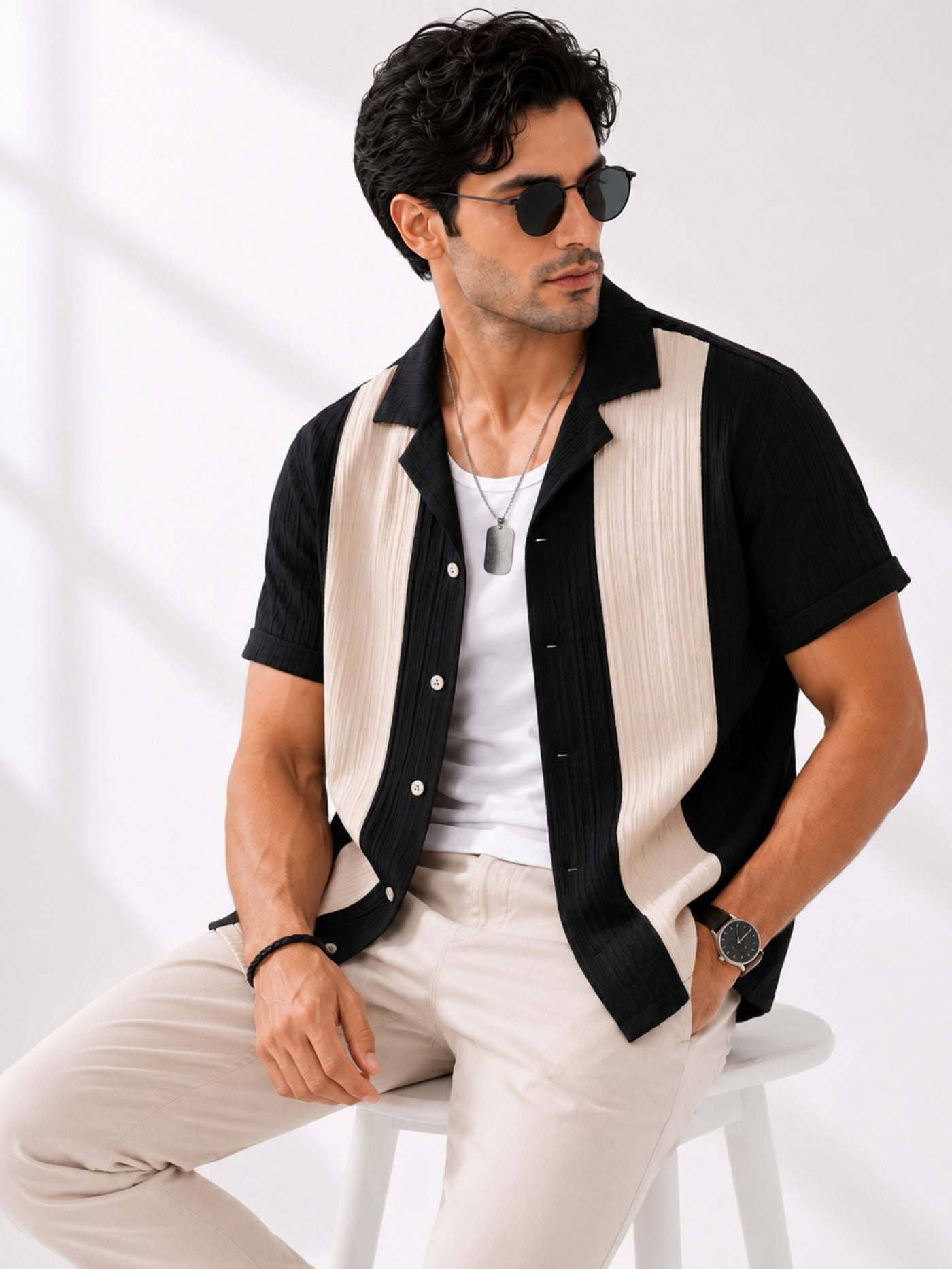 Veyra Black and Sand Resort Collar Shirt seated front pose