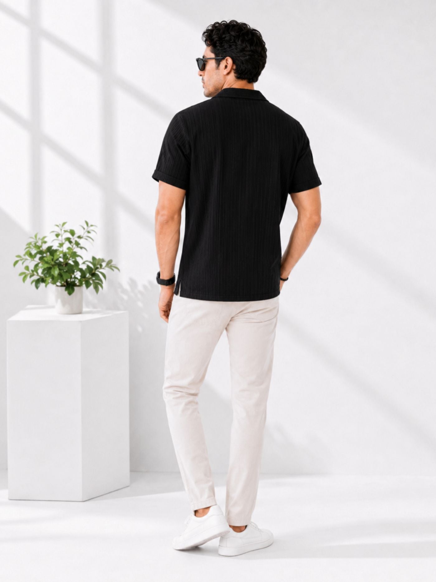 Veyra Contrast Performance Shirt Black and Pearl plain black back view