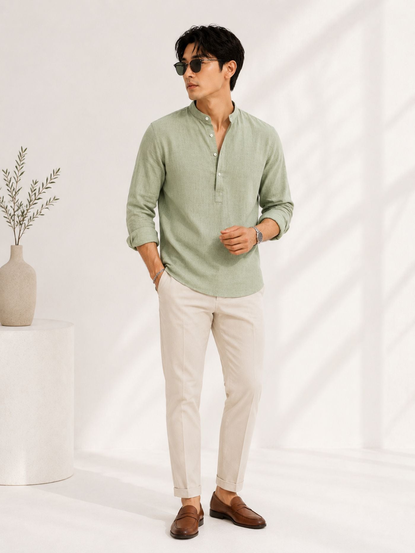 The Meadow Linen-Look Kurta Shirt – Sage Green