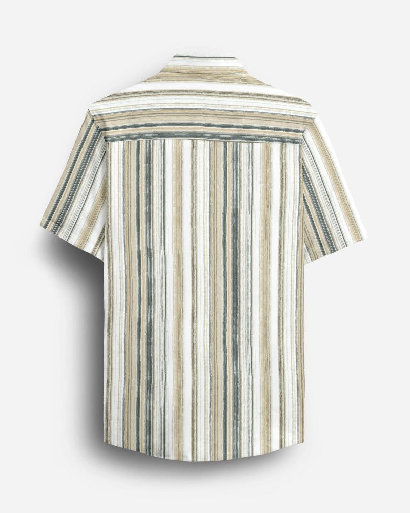 Close-up of textured collar and button placket on olive beige striped men's shirt with premium cotton weave and DDsol label
