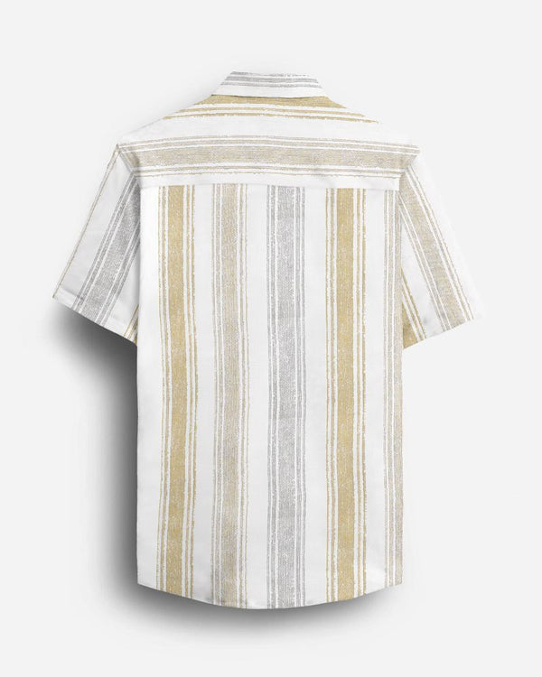 Back of men's short sleeve striped shirt in mustard yellow and grey with yoke detail and slightly curved hem
