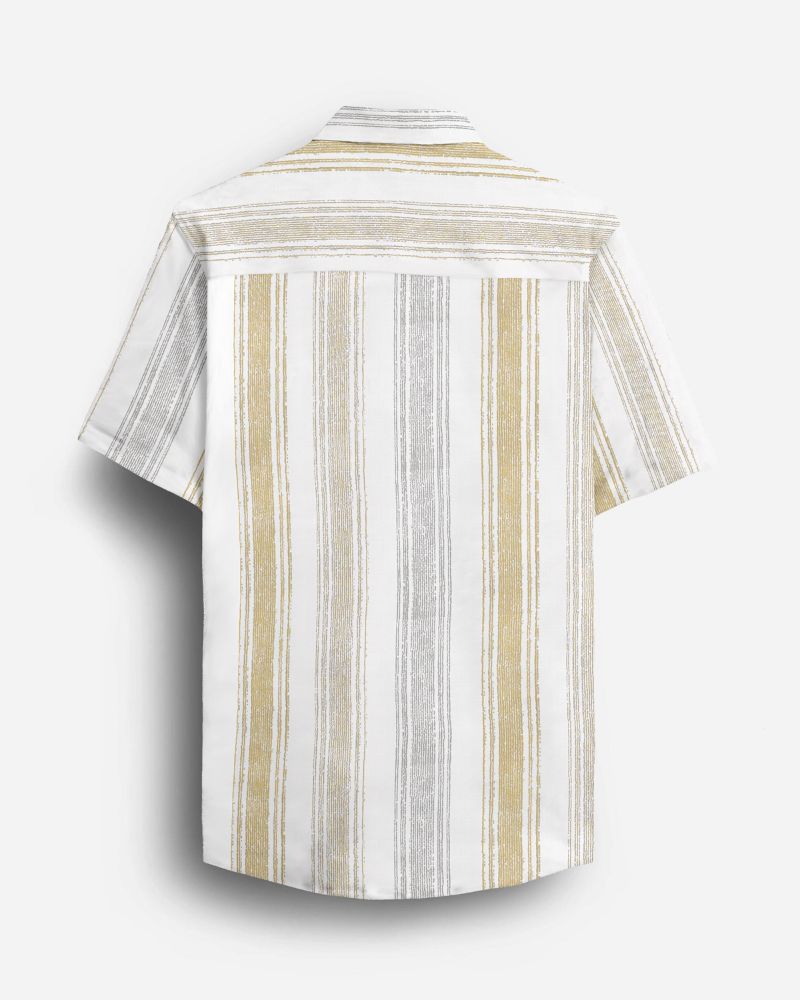 Back of men's short sleeve striped shirt in mustard yellow and grey with yoke detail and slightly curved hem
