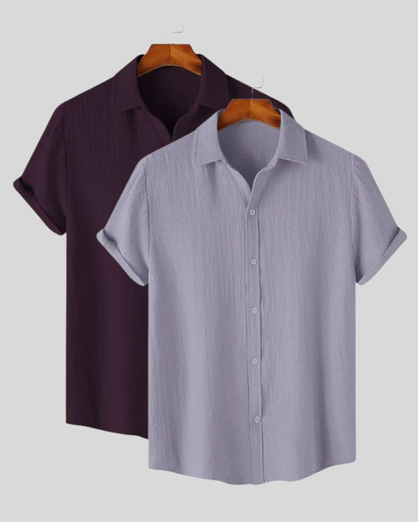 2-pack men’s crinkle textured shirts – plum and smoke grey combo