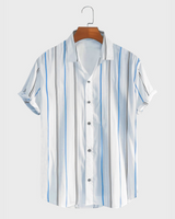 Men's white short sleeve shirt with vertical black and blue stripes, button-down front, and spread collar, displayed on wooden hanger
