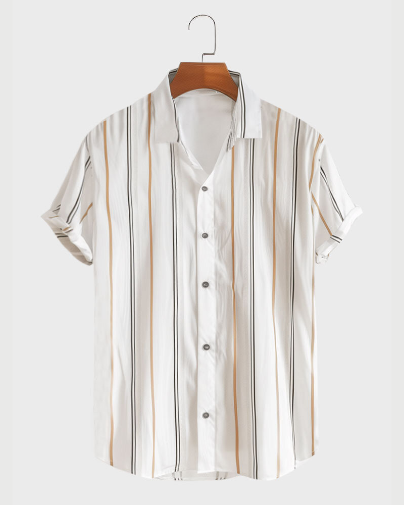 Men’s short sleeve shirt with vertical black and beige stripes on white, button-down front and pointed collar, displayed on wooden hanger
