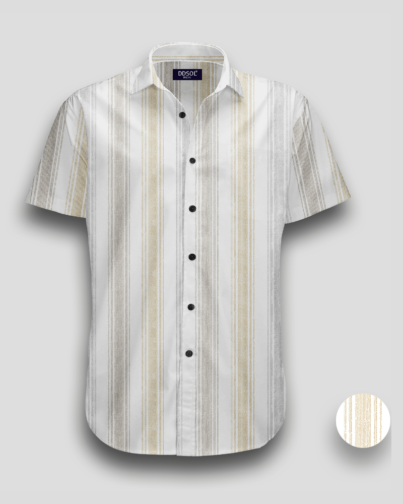Men’s mustard and grey vertical striped short sleeve shirt made from Magic Cotton with contrast buttons and classic collar

