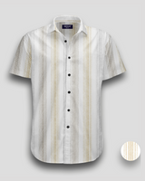 Men’s mustard and grey vertical striped short sleeve shirt made from Magic Cotton with contrast buttons and classic collar


