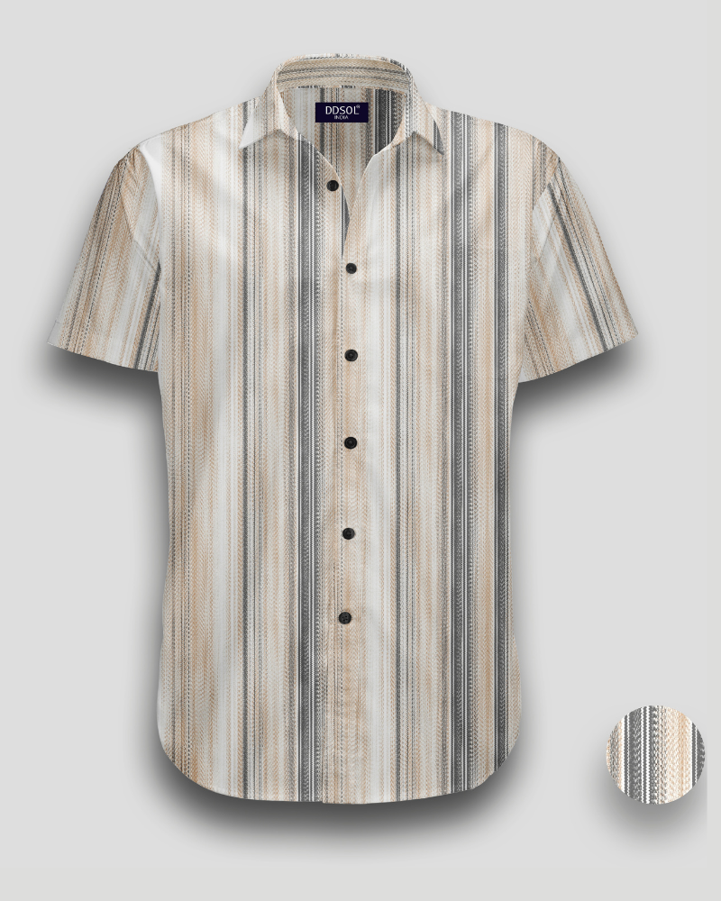 Men’s olive and beige vertical stripe shirt with short sleeves, point collar, and black button-down front on textured cotton fabric
