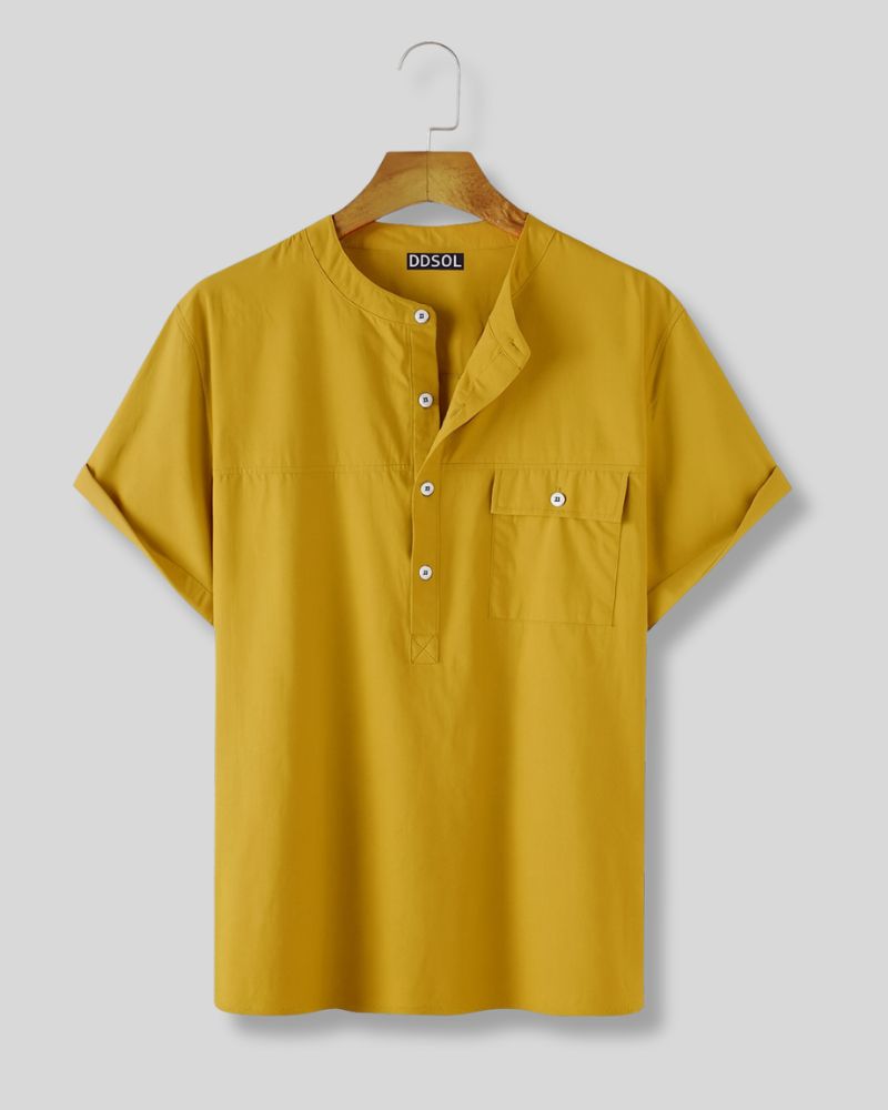 Front view of mustard yellow short sleeve mandarin collar shirt for men