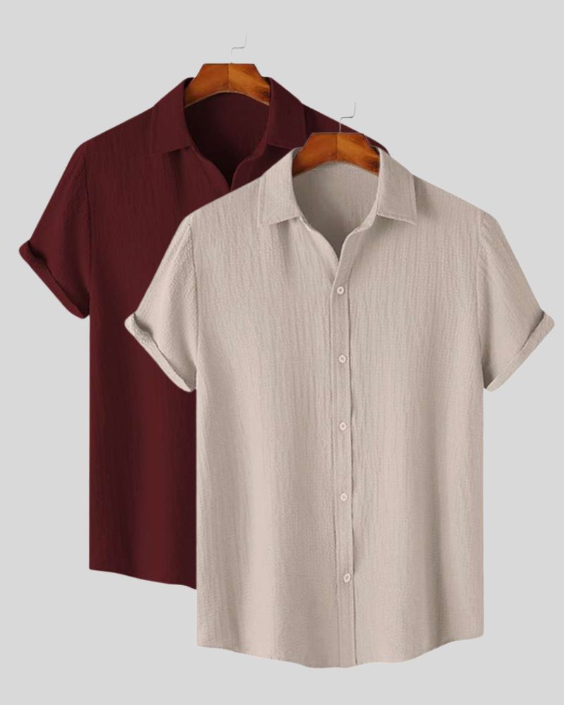 Breathable Textured Shirt Combo – Beige & Maroon
