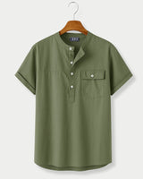 "Front view of men’s olive green short sleeve shirt with mandarin collar and chest pocket"

