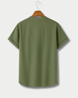 "Back view of men’s olive green cotton mandarin collar shirt with cuffed sleeves"

