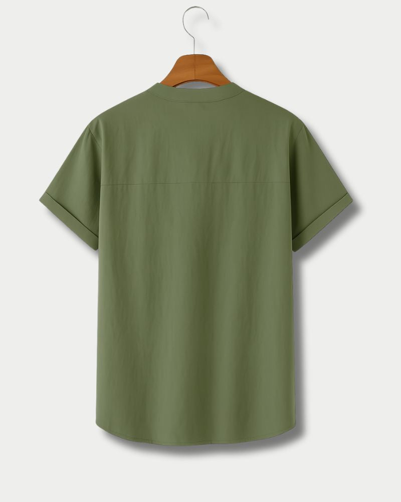 "Back view of men’s olive green cotton mandarin collar shirt with cuffed sleeves"

