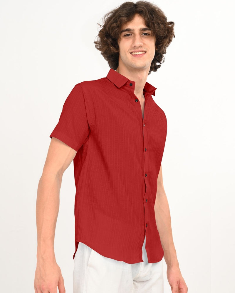Angled front view of Ruby Red Textured Shirt for Men