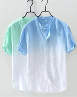 Aqua Green Ombre Shirt with Mandarin Collar and Short Sleeves