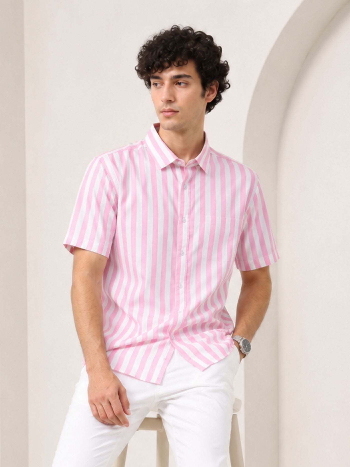 Arlo Premium Rose Pink Striped Shirt Front View