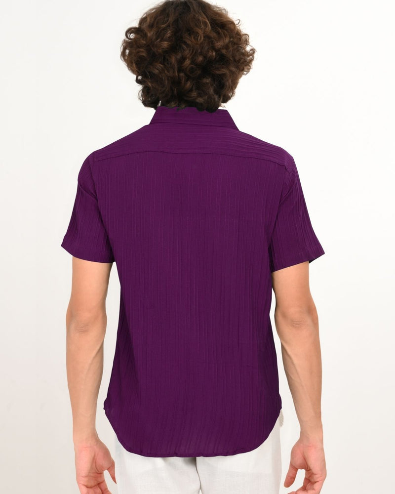 Back view of Royal Plum textured short-sleeve shirt
