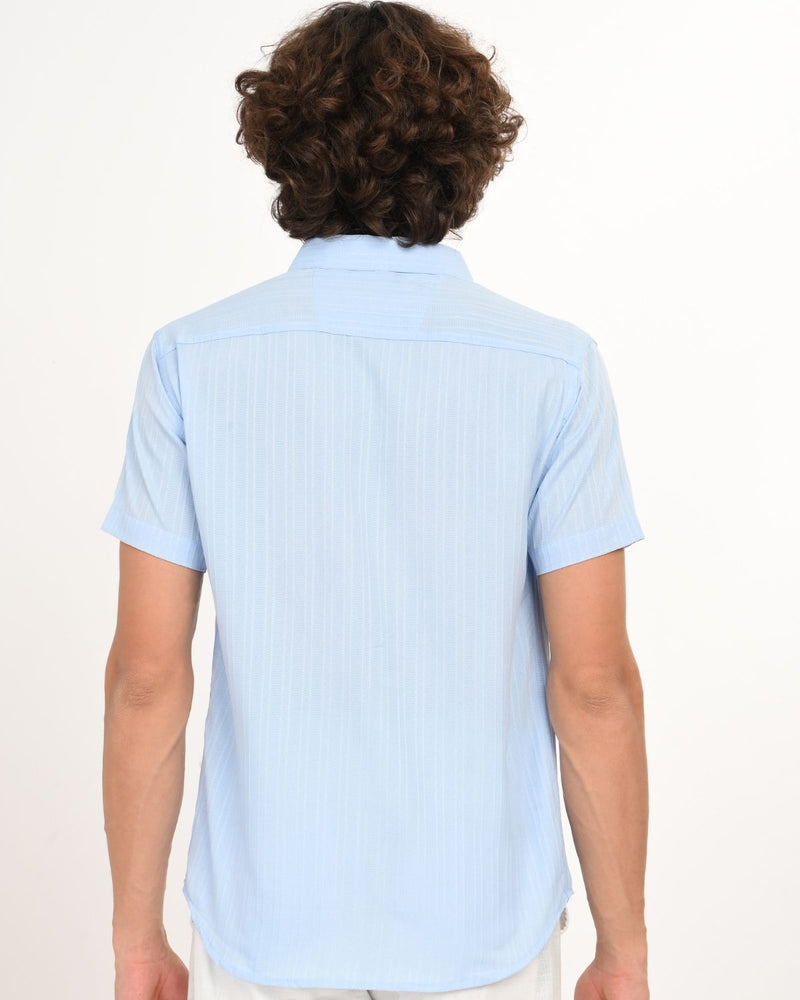 Back view of Skyline Blue short-sleeve textured shirt.