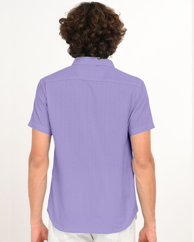 Back view of lavender textured short-sleeve shirt for men
