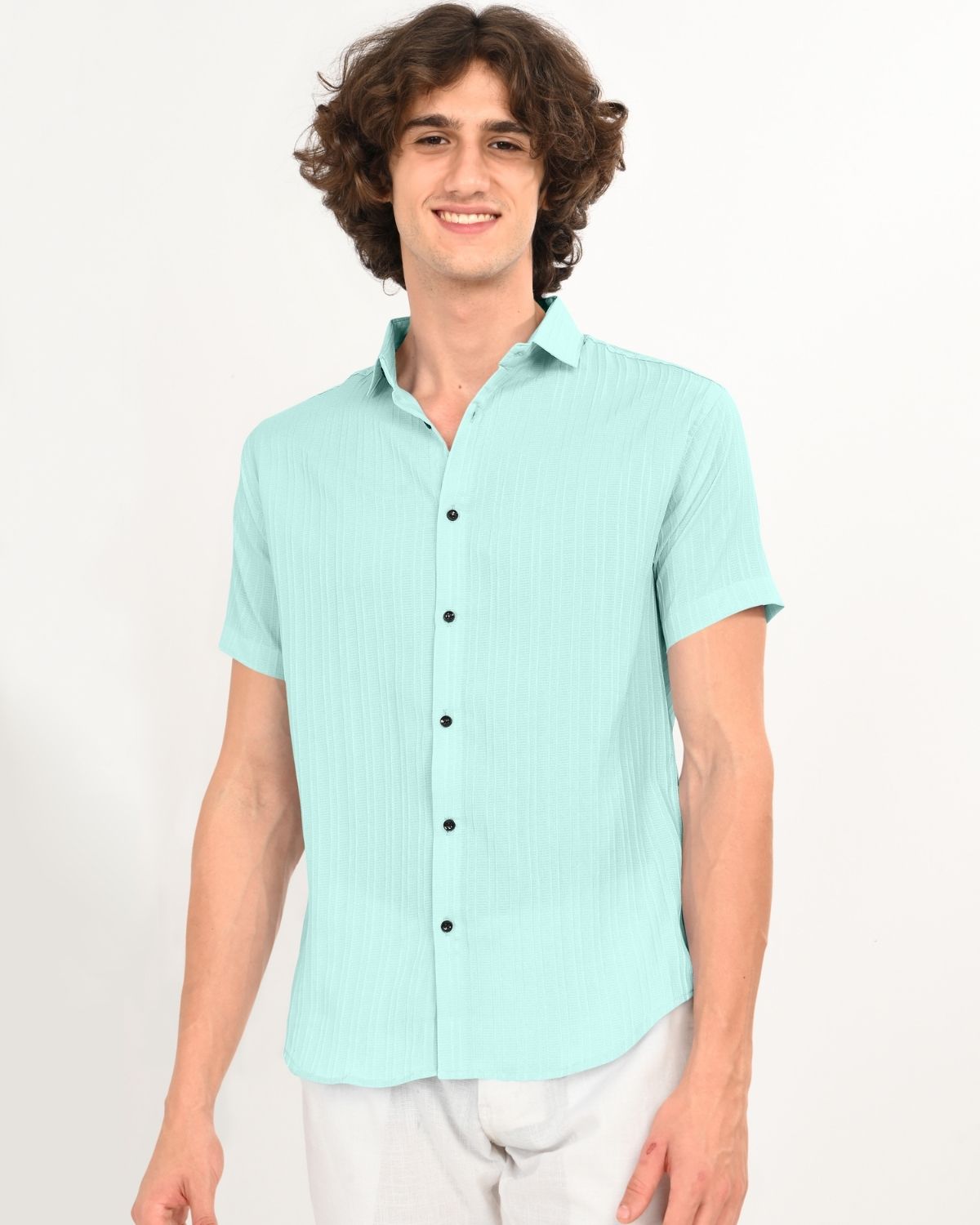 Mint Green Textured Short-Sleeve Shirt for Men | Casual Wear
