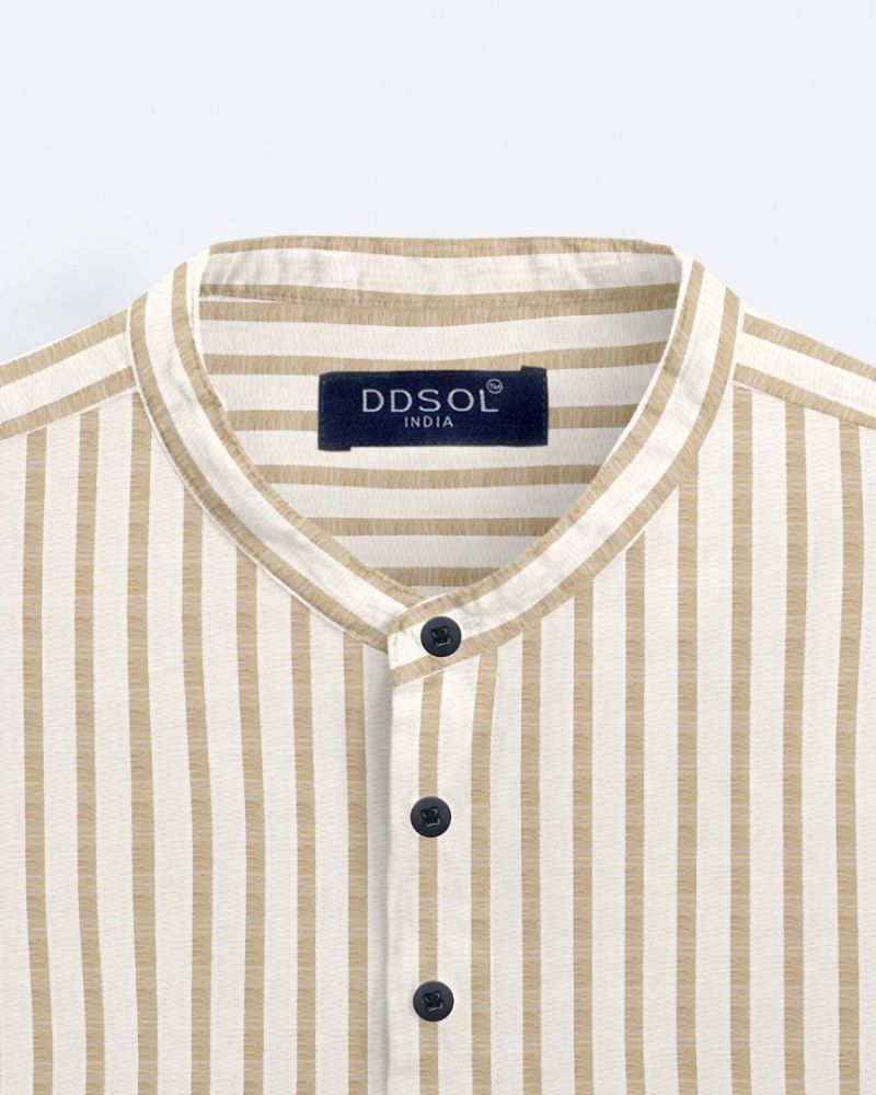 Beige Striped Casual Cotton Kurta Shirt