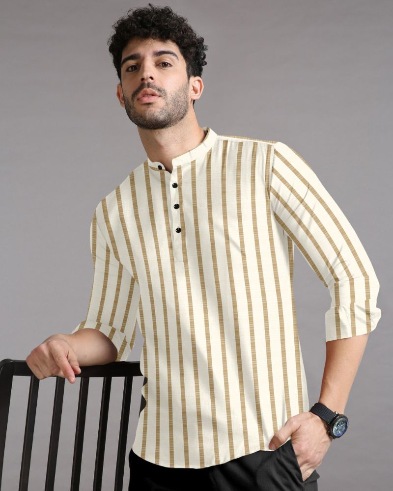 Beige and White Striped Casual Kurta Shirt