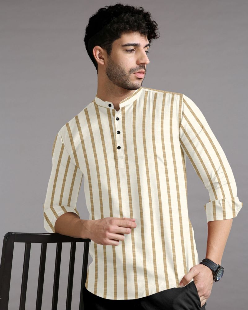 Beige and White Striped Casual Kurta Shirt