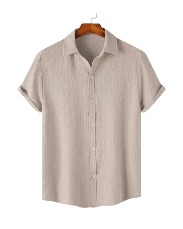 Beige crinkle textured shirt on hanger – breathable short sleeve
