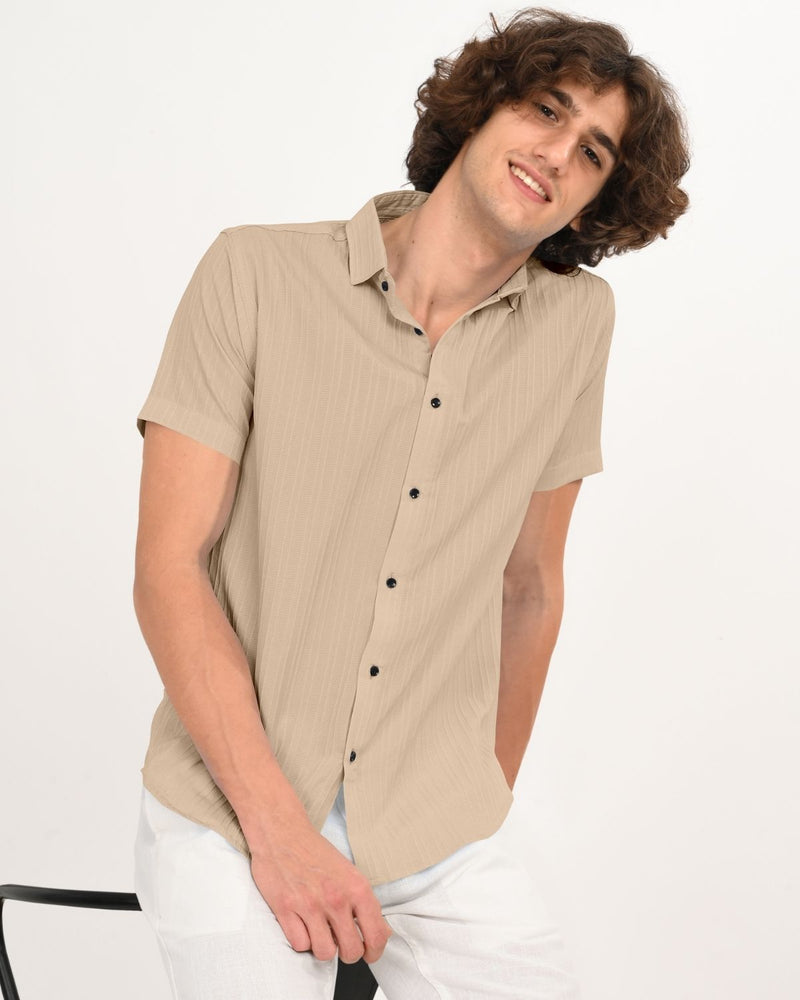 Beige textured button down short sleeve shirt