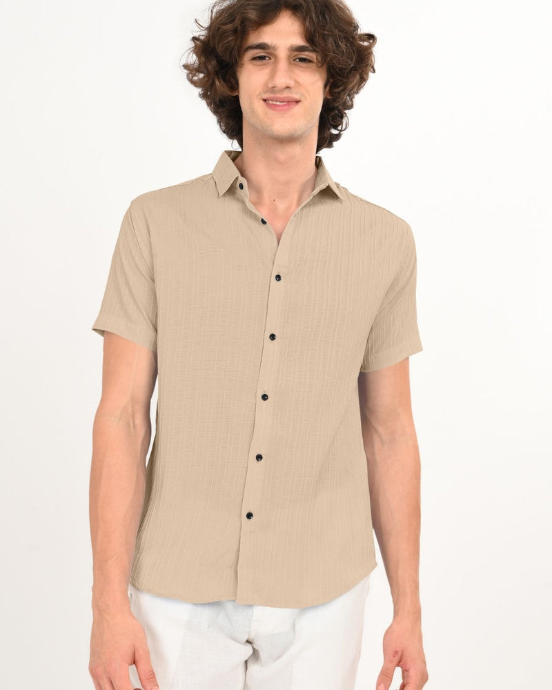 Beige textured short sleeve shirt for men