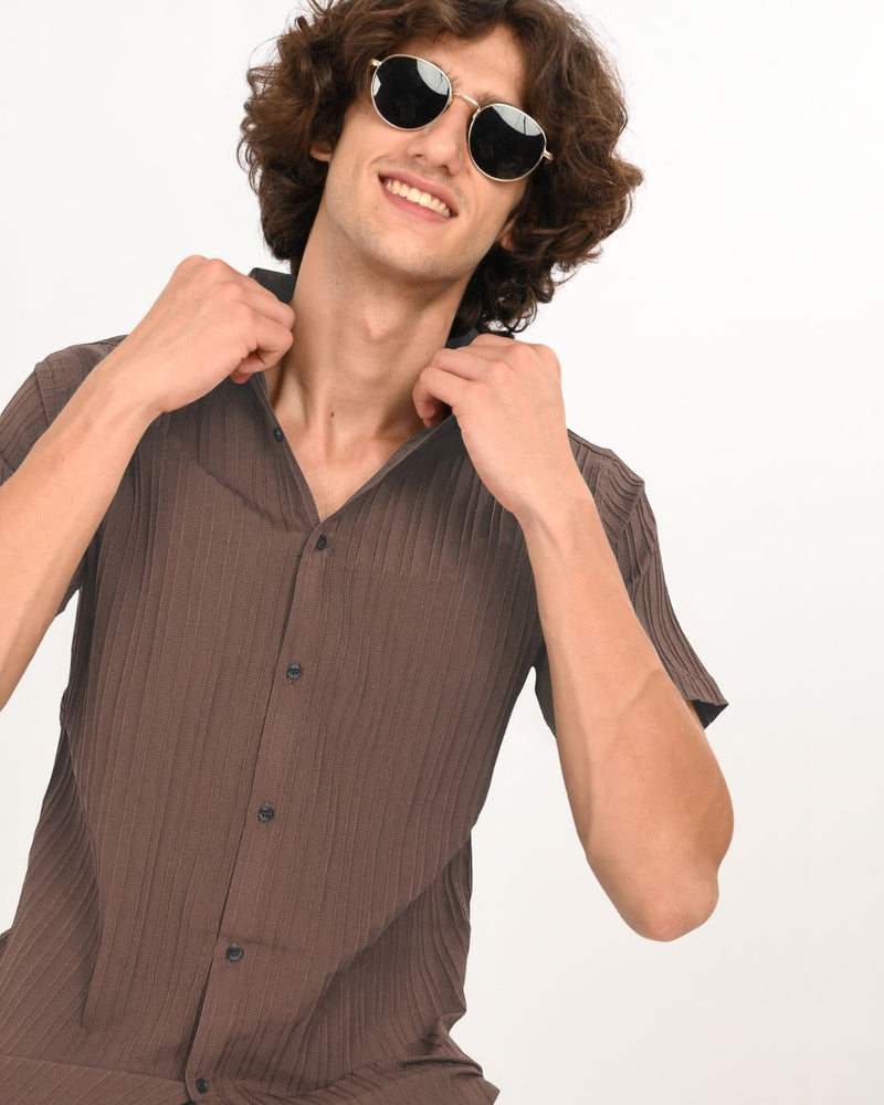 Brown textured shirt with black buttons and collar