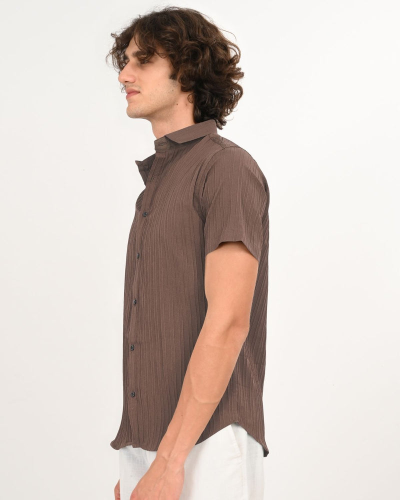 Brown textured short sleeve shirt side view for men