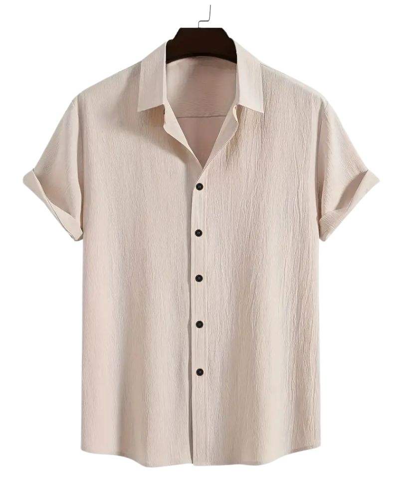 cement gray short-sleeve shirt on a hanger against a white background