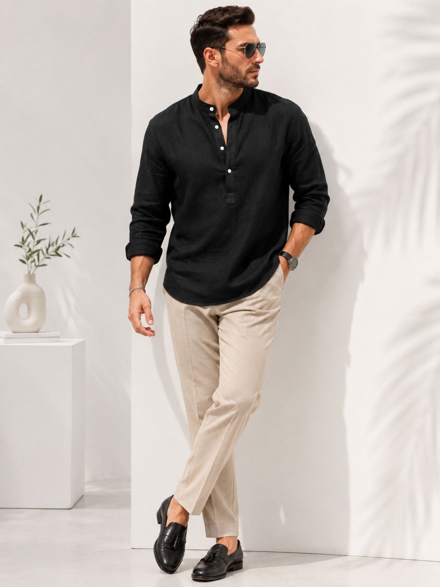 Black Mandarin Collar Shirt for Men