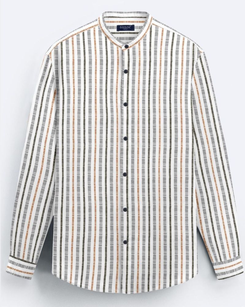 Classic Striped Cotton Mandarin Shirt