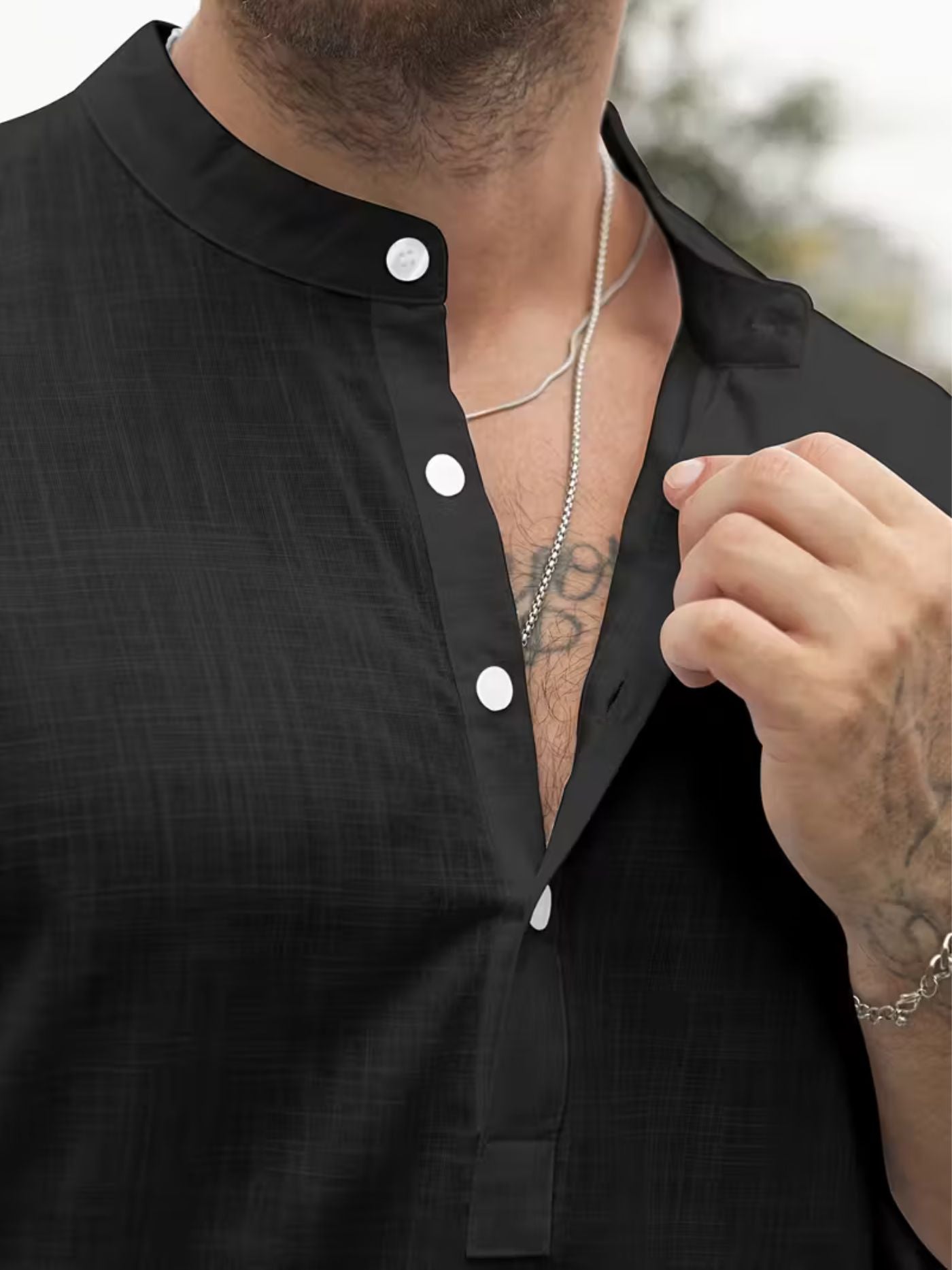Close-up collar detail black performance shirt