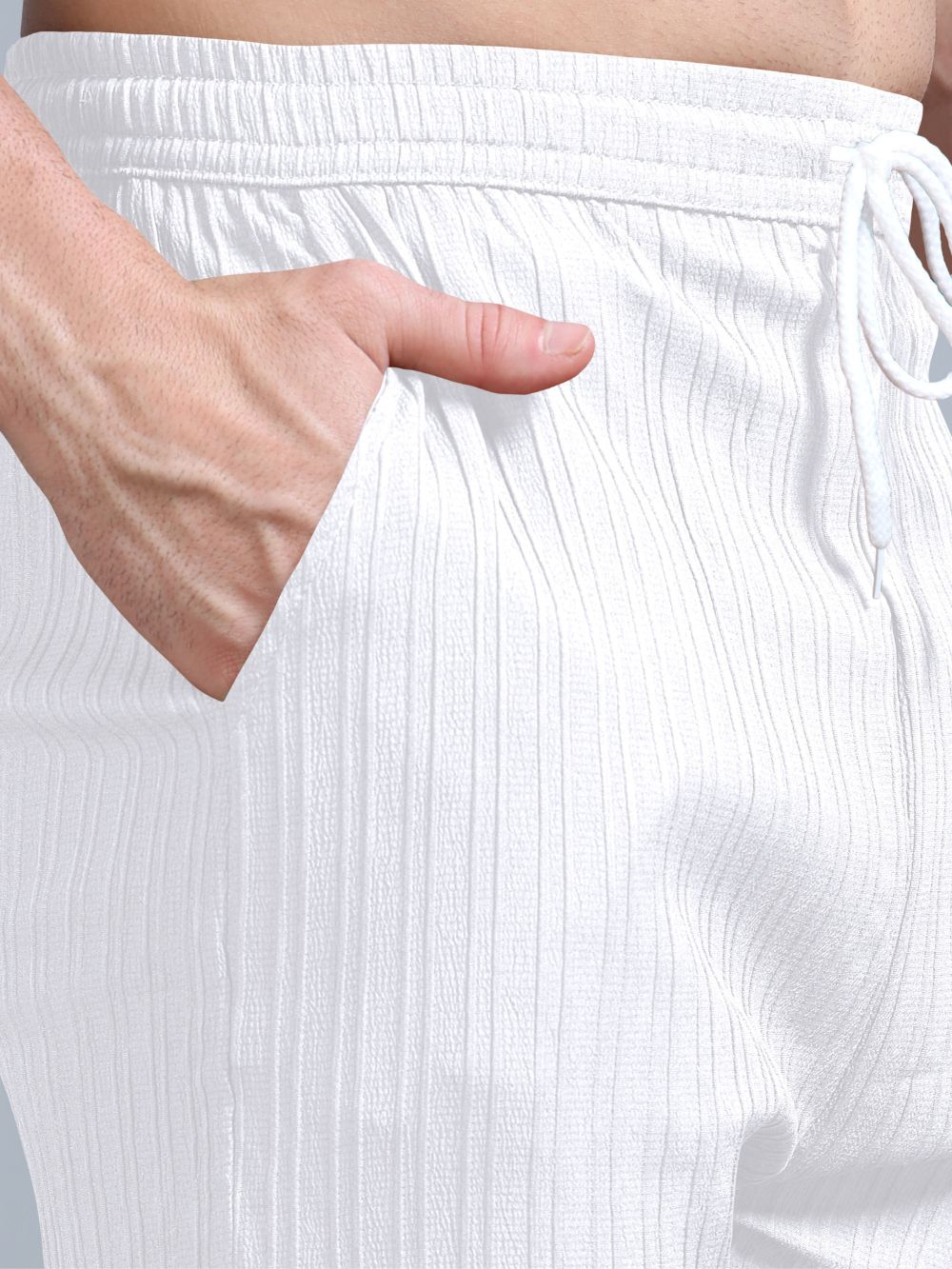 Close-up of Men’s Luxe Ribbed Drawstring Shorts in White – Pocket Detail
