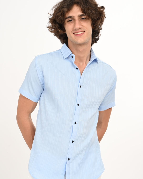 Close front view of Skyline Blue short-sleeve textured shirt.