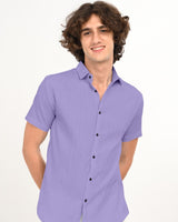 Close front view of lavender textured short-sleeve shirt
