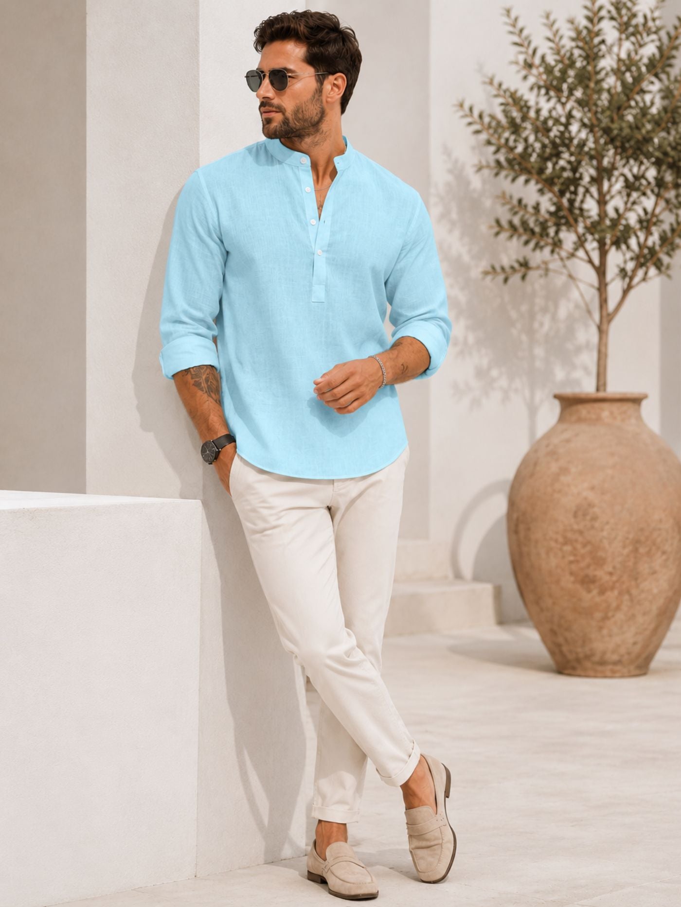 Sky Blue Mandarin Collar Shirt for Men