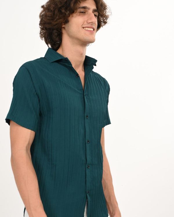 Front angle view of teal green textured short-sleeve shirt for men