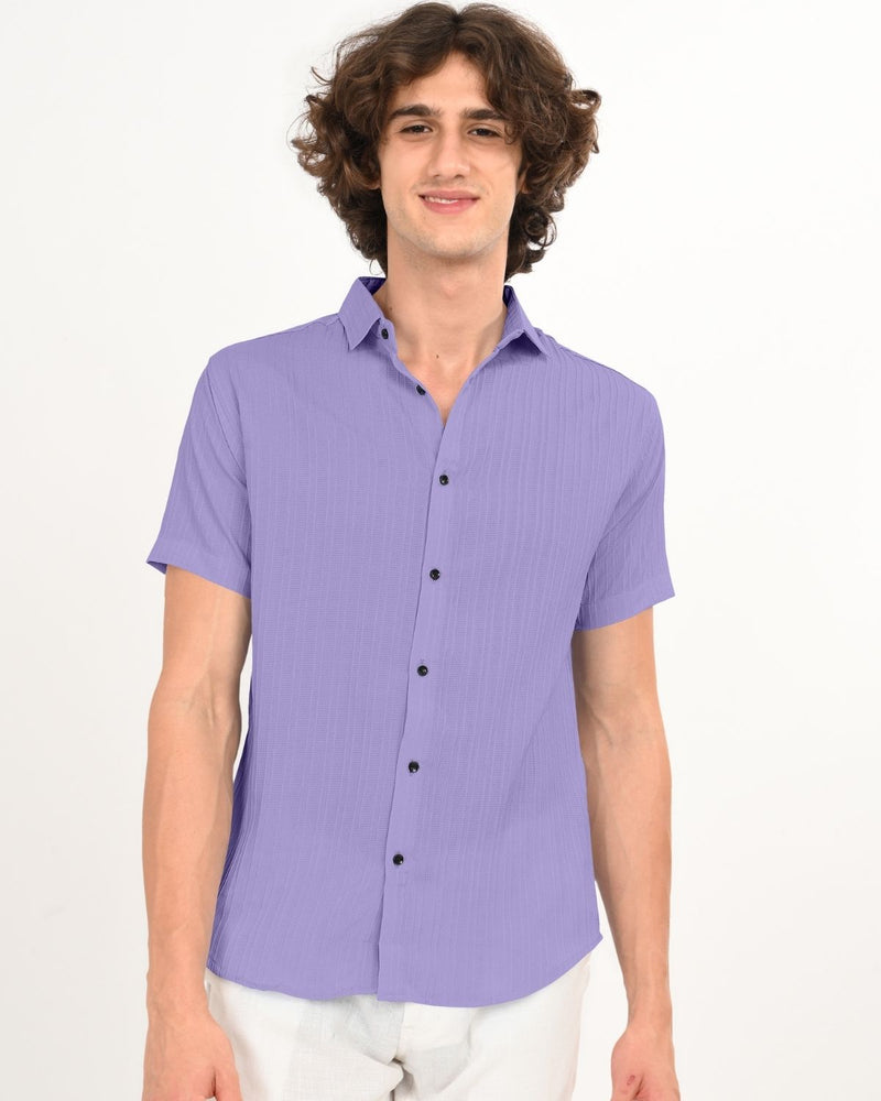 Front facing lavender textured short-sleeve shirt for men