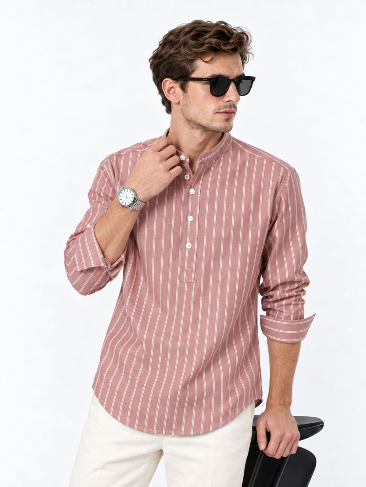 Front view of Veer Muted Rose kurta shirt with ivory stripes and a pocket-free design
