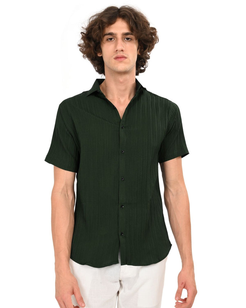 Front view of a man in a dark green textured casual shirt with button closure.