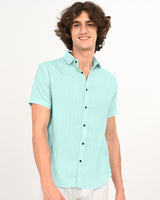 Front view of mint green textured short-sleeve shirt for men