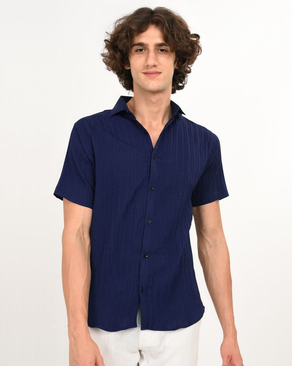 Front view of navy blue textured short-sleeve shirt for men